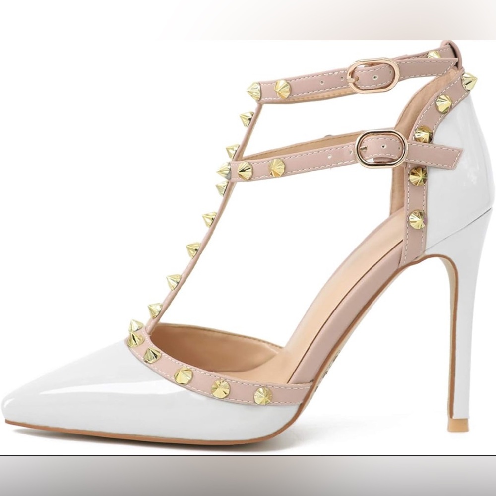 Hecater White Patent Leather Gold Studded Ankle Strap Heels | Size 7